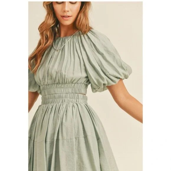 599 • Laurel Green Billows Puff Sleeve Smocked Waist Rayon Blend Mini Dress - Picture 4 of 5